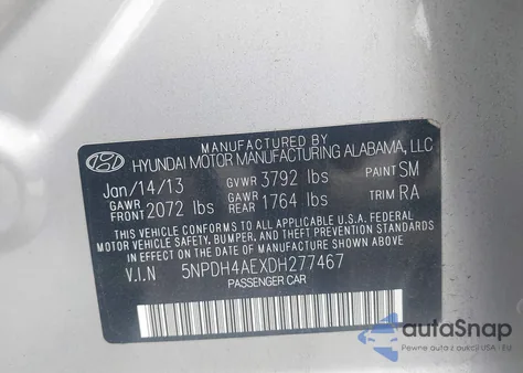 2013 Hyundai Elantra Limited z USA, uszkodzony, nr VIN 5NPDH4AEXDH277467